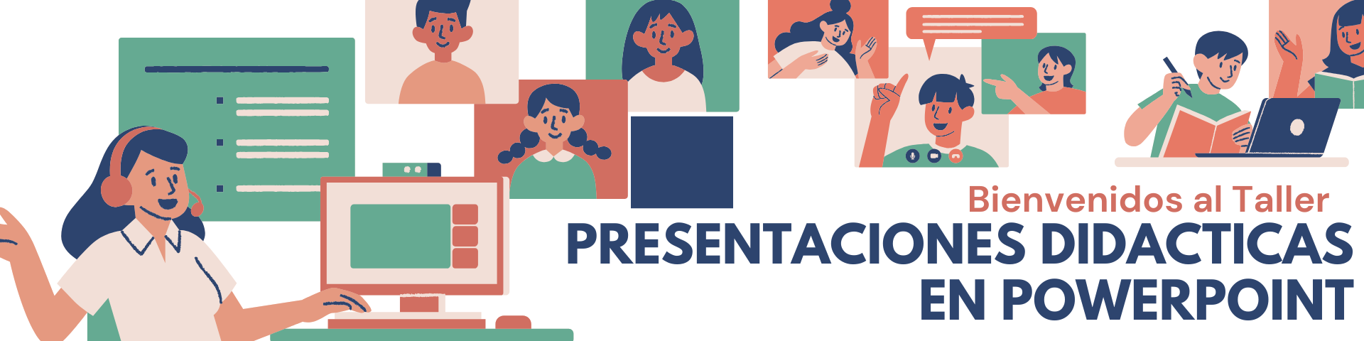 Imagen que da una bienvenida al taller con dibujos de personas usando computadoras